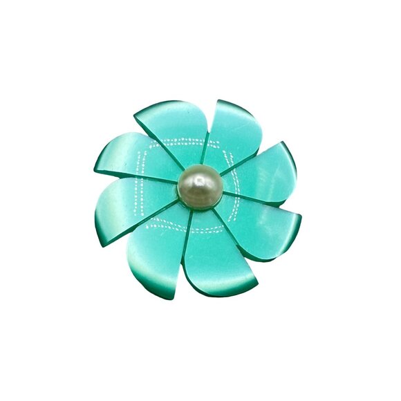 Vintage Green Moonglow Lucite Flower Pin Brooch Green Daisy with Faux Pearl - Picture 1 of 8